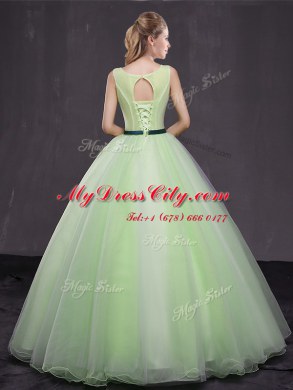 Luxurious Scoop Yellow Green Sleeveless Appliques Floor Length Quinceanera Dress