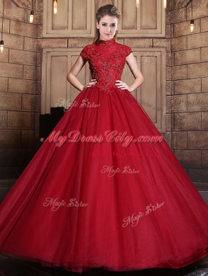 New Arrival Tulle Short Sleeves Floor Length 15 Quinceanera Dress and Appliques