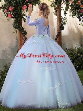 Big Puffy Tulle Scoop Long Sleeves Lace Up Appliques Sweet 16 Dresses in Light Blue