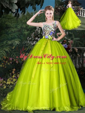Scoop Sleeveless Court Train Lace Up Beading and Appliques and Belt Quinceanera Dresses