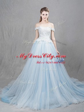 Pretty Off the Shoulder Light Blue Sleeveless With Train Appliques Lace Up Wedding Gowns