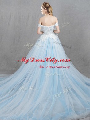 Pretty Off the Shoulder Light Blue Sleeveless With Train Appliques Lace Up Wedding Gowns
