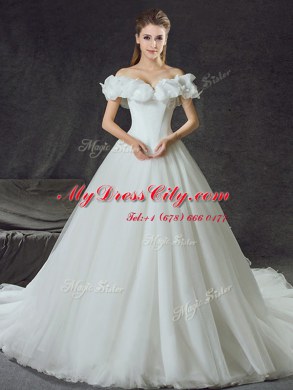 Stylish Off the Shoulder Backless White Sleeveless With Train Appliques Lace Up Wedding Gowns