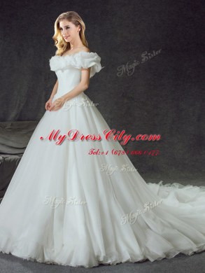 Stylish Off the Shoulder Backless White Sleeveless With Train Appliques Lace Up Wedding Gowns
