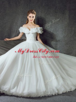 Stylish Off the Shoulder Backless White Sleeveless With Train Appliques Lace Up Wedding Gowns