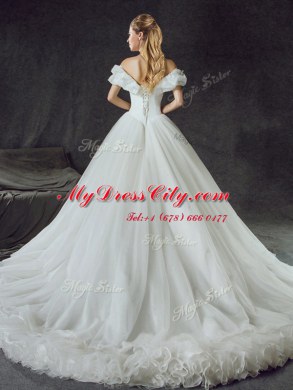 Stylish Off the Shoulder Backless White Sleeveless With Train Appliques Lace Up Wedding Gowns