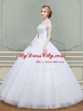 Cute Off the Shoulder Sleeveless Beading Lace Up Wedding Dresses