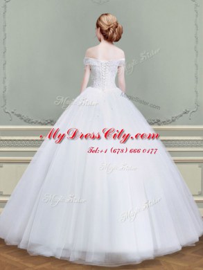 Cute Off the Shoulder Sleeveless Beading Lace Up Wedding Dresses