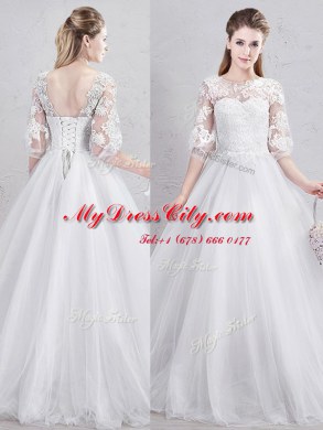 Pretty Scoop Tulle Half Sleeves Floor Length Wedding Gowns and Lace and Appliques