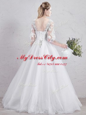 Pretty Scoop Tulle Half Sleeves Floor Length Wedding Gowns and Lace and Appliques