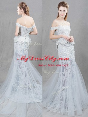Sophisticated Mermaid Off the Shoulder Sleeveless Brush Train Lace Up With Train Lace and Appliques Wedding Gowns