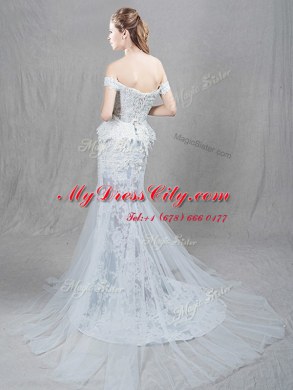 Sophisticated Mermaid Off the Shoulder Sleeveless Brush Train Lace Up With Train Lace and Appliques Wedding Gowns