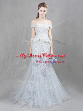 Sophisticated Mermaid Off the Shoulder Sleeveless Brush Train Lace Up With Train Lace and Appliques Wedding Gowns