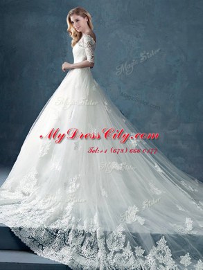 Captivating White Off The Shoulder Neckline Lace and Appliques Wedding Dress Half Sleeves Zipper