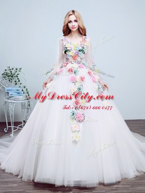 Romantic With Train A-line Long Sleeves White Wedding Dresses Court Train Lace Up
