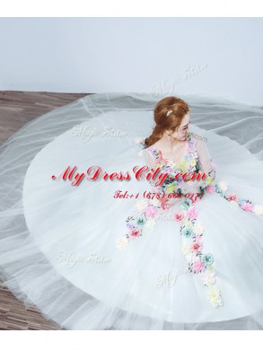 Romantic With Train A-line Long Sleeves White Wedding Dresses Court Train Lace Up