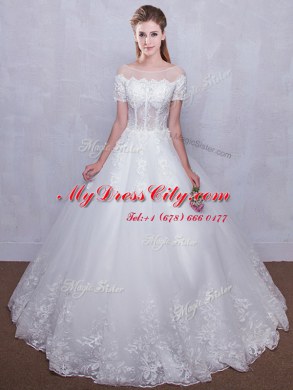 Scoop See Through Floor Length Ball Gowns Short Sleeves White Wedding Dresses Lace Up