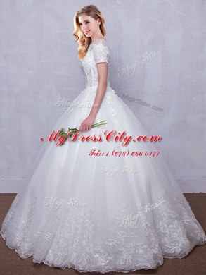 Scoop See Through Floor Length Ball Gowns Short Sleeves White Wedding Dresses Lace Up
