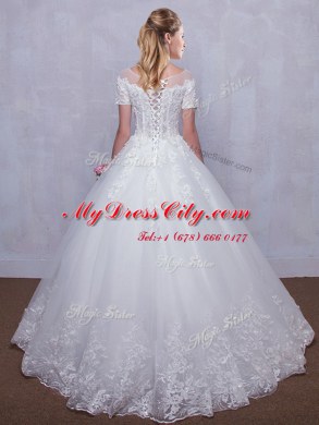 Scoop See Through Floor Length Ball Gowns Short Sleeves White Wedding Dresses Lace Up