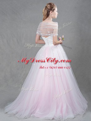 Super With Train Lace Up Bridal Gown Pink for Wedding Party with Appliques Brush Train