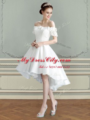 Off the Shoulder White A-line Lace and Bowknot Wedding Dress Lace Up Taffeta Sleeveless High Low