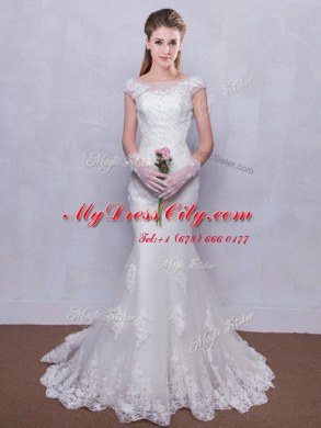 Mermaid Scoop Backless With Train White Wedding Dress Tulle Brush Train Cap Sleeves Lace