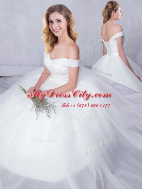Ball Gowns Bridal Gown White Off The Shoulder Tulle Sleeveless Floor Length Lace Up