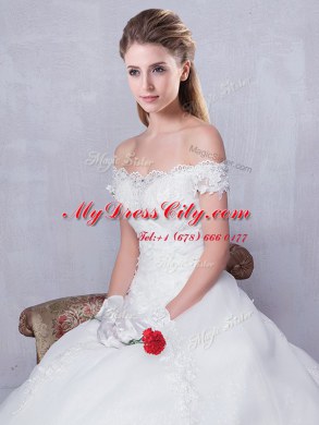 Enchanting White Tulle Lace Up Scalloped Sleeveless With Train Wedding Dresses Court Train Lace