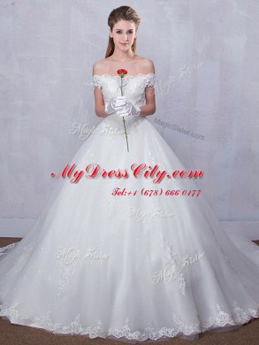 Enchanting White Tulle Lace Up Scalloped Sleeveless With Train Wedding Dresses Court Train Lace