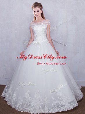 Great Scoop White Lace Up Bridal Gown Lace Cap Sleeves Floor Length