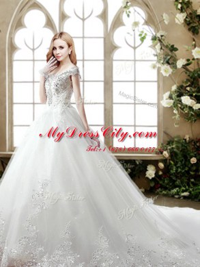 Off the Shoulder White Sleeveless Court Train Beading and Lace With Train Wedding Dress