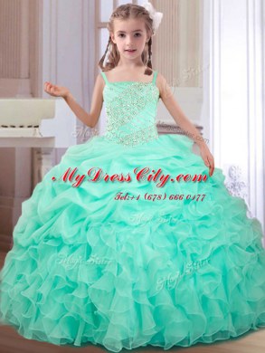 Straps Apple Green Ball Gowns Beading and Ruffles and Pick Ups Pageant Gowns Lace Up Organza Sleeveless Floor Length