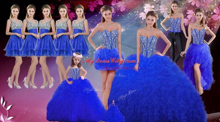 Popular Royal Blue Lace Up Sweetheart Beading and Ruffles 15 Quinceanera Dress Tulle Sleeveless