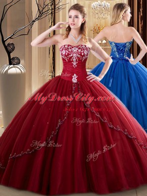 Traditional Sweetheart Sleeveless Tulle Quince Ball Gowns Embroidery Lace Up