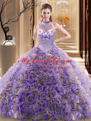 Multi-color Lace Up Halter Top Beading Quinceanera Gown Fabric With Rolling Flowers Sleeveless Brush Train