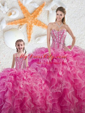 Sweetheart Sleeveless Ball Gown Prom Dress Floor Length Beading and Ruffles Hot Pink Organza