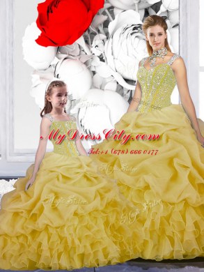 Straps Floor Length Lace Up Ball Gown Prom Dress Yellow for Military Ball and Sweet 16 and Quinceanera with Beading and Ruffles and Pick Ups