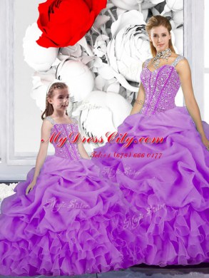Straps Purple Sleeveless Floor Length Beading and Ruffles and Pick Ups Lace Up Sweet 16 Quinceanera Dress