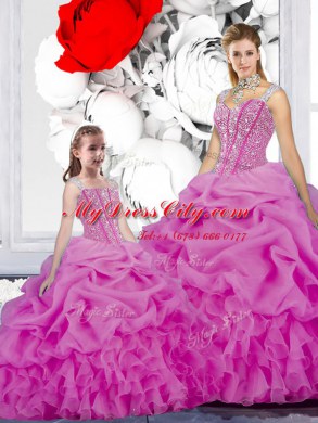 Charming Fuchsia Quinceanera Dress Military Ball and Sweet 16 and Quinceanera and For with Beading and Ruffles and Pick Ups Straps Sleeveless Lace Up