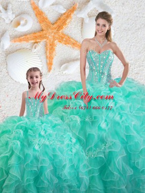 Spectacular Turquoise Sleeveless Organza Lace Up Quinceanera Gown for Military Ball and Sweet 16 and Quinceanera