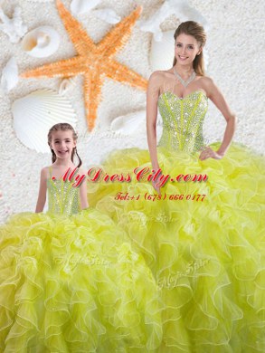 Sleeveless Floor Length Beading and Ruffles Lace Up Quinceanera Gowns with Yellow Green