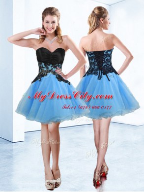 Exquisite Blue And Black A-line Organza Sweetheart Sleeveless Appliques Mini Length Lace Up Prom Evening Gown