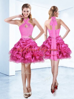 Halter Top Hot Pink Zipper Custom Made Ruffles and Ruching and Belt Sleeveless Mini Length