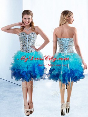 Multi-color Sleeveless Knee Length Beading and Ruffles Lace Up Prom Dress