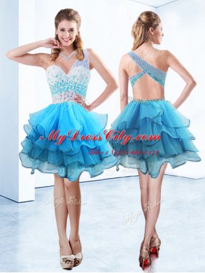 One Shoulder Ruffled Knee Length A-line Sleeveless Aqua Blue Prom Dresses Criss Cross