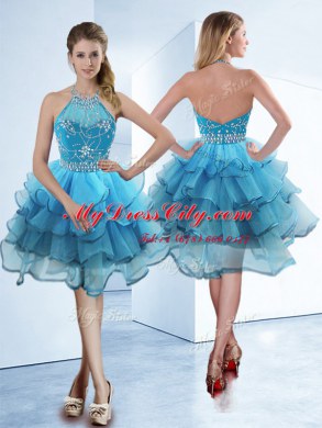 Halter Top Sleeveless Prom Evening Gown Tea Length Beading and Ruffled Layers Baby Blue Organza