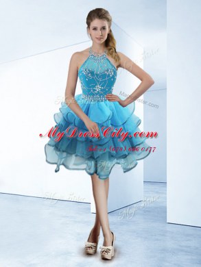 Halter Top Sleeveless Prom Evening Gown Tea Length Beading and Ruffled Layers Baby Blue Organza