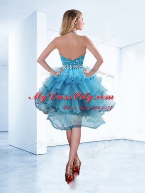 Halter Top Sleeveless Prom Evening Gown Tea Length Beading and Ruffled Layers Baby Blue Organza