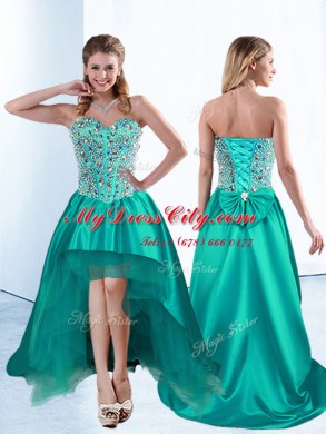 A-line Red Carpet Gowns Teal Sweetheart Satin Sleeveless High Low Lace Up