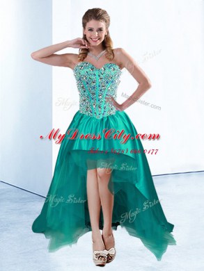 A-line Red Carpet Gowns Teal Sweetheart Satin Sleeveless High Low Lace Up